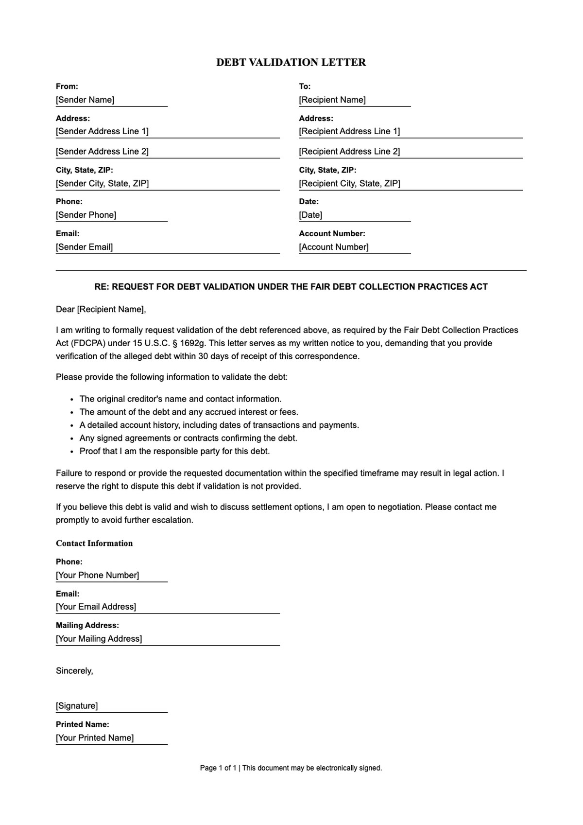 Debt settlement offer letter template with eSign and contact fields_variant_3